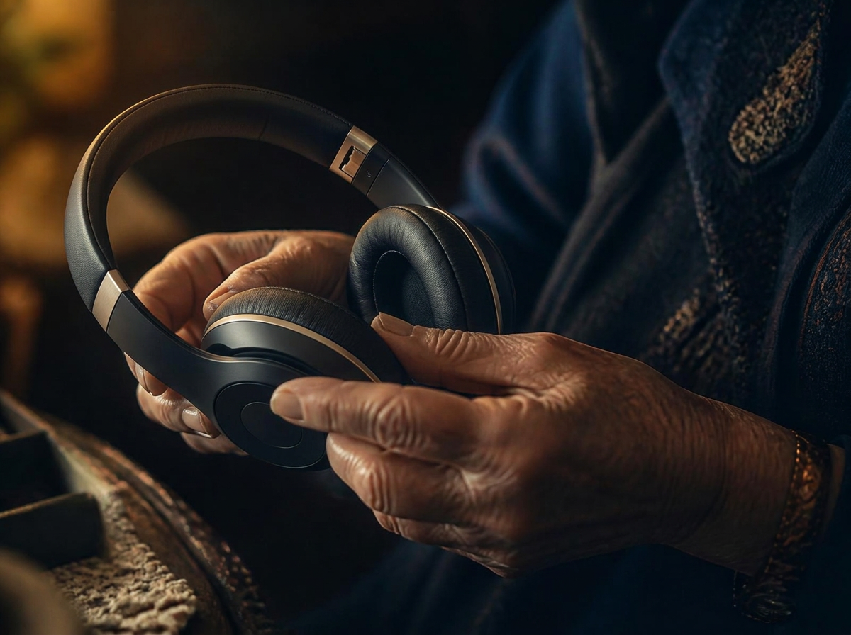 An older woman holding a pair of headphones in warm lamplight